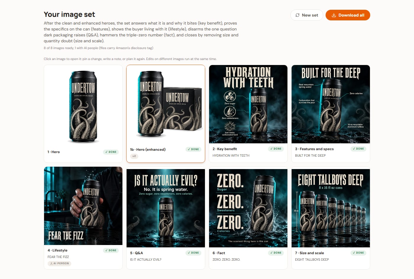 A finished set for Undertow, a fictional sparkling water: the clean and enhanced main images, then the six the director planned in order. Click any tile to open it.